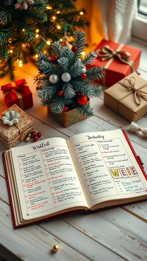 A Christmas wishlist journal with colorful pages and festive decorations on a table.